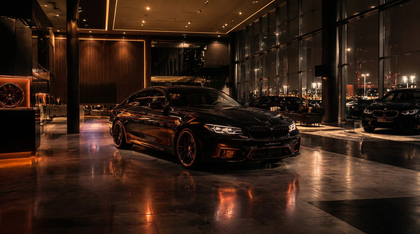 Showroom da RM Motors com carro esportivo preto